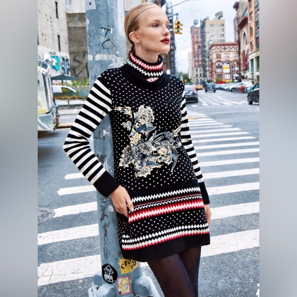 SAVAGE CULTURE Long Sleeve Floral Sweater Turtle Neck Dress Striped